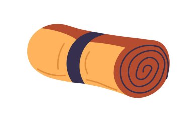 Seyahat ve kamp uyku tulumu ya da sıcaklık ve yumuşaklık için uyku paspası. Gezginler, kampçılar ve tatilciler için izole araç gereç ya da eşyalar, yaz aylarında etkinlikler. Düz biçimli vektör