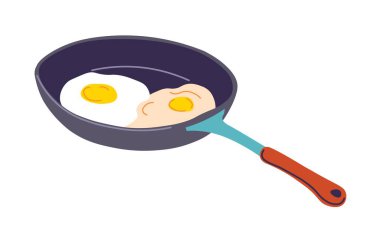 Kahvaltı, öğle yemeği ya da akşam yemeğinde yemek pişirmek. İzole edilmiş yumurta tavası, evde omlet yapmak. Ev yapımı yemek, doğal ve organik malzemeler, beslenme. Düz biçimli vektör
