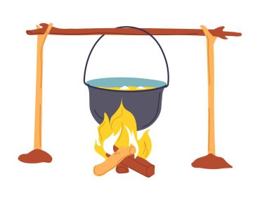 Kamp alanında yemek ve yemek hazırlama, tavada izole edilmiş kaynar çorba. Esrarı saplı tutmak için inşaat. Doğada gezmek, maceralar yaşamak, bulaşık yapmak. Düz biçimli vektör