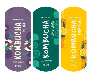 Ferahlatıcı ve lezzetli kombu çayı, izole edilmiş amblemler veya yaz içecekleri için paket tasarımı. Sıfır şeker, limon ve portakal tadı, dilimler ve eko meyveler. Düz biçimli vektör