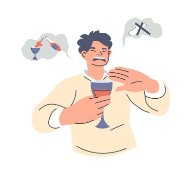 Kötü ve yıkıcı alışkanlıkları olan bir adam, alkol içmeyi reddeden izole bir erkek karakter. Kendi sorunlarınla ve sağlık sorunlarınla savaş. Bağımlılık ve zayıflık. Düz biçim illüstrasyonunda vektör