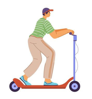 Şehir veya kasaba taşımacılığı için elektrikli scooter, çevreye duyarlı aletler ve araçlar kullanan izole edilmiş bir adam. Hafta sonları erkek kişiliği. Düz biçimli vektör