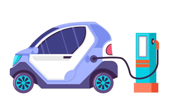 生态交通和通勤方式 独立的电动车 小型电动车在站台充电 环境和生态意识以及自然保护 矢量呈扁平型 — 图库矢量图片