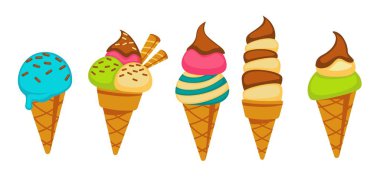 Gelato tatları, izole edilmiş dondurma çeşitliliği. Farklı renklerde dondurulmuş tatlı ve çikolata soslu. Fındık parçaları ve şekerlemeler, üstünde kurabiyeler. Gelateria 'da atıştırmalıklar. Düz vektör