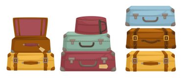 Antika ya da eski bavul parçaları ve saplı ve cepli bavullar. Seyahatler, seyahatler, şehirlerarası seyahatler ve ulaşım. Kişisel eşyalar için kilitli çantalar. Düz biçimli vektör