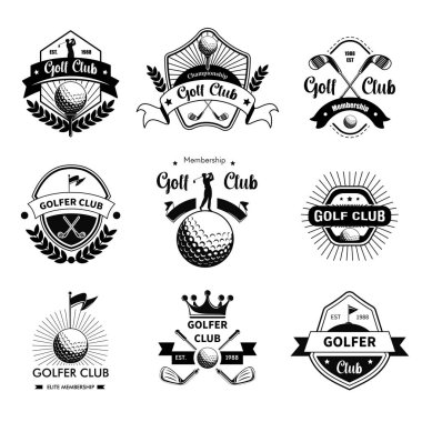 Golf kulübüne üyelik, izole logotlar, amblemler ya da golfçüler topluluğu için etiket. Oynamak için top ve golf malzemeleri ikonu. Boş zaman ve insanlar için zengin hobiler. Düz biçimli vektör