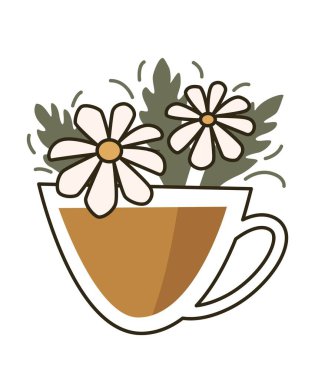 Bardakta lezzetli bir içecek, papatya kokulu ve tadında izole edilmiş sıcak bir içecek. Diyet ve beslenme, kahvaltı veya akşam yemeği için lezzetli ürünler. Kafe ya da restoran yemeği. Düz biçimli vektör