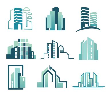 Emlak ikonları, izole binalar insanların yaşaması için apartmanları olan yeni binalar. Çalışanlar için ofisleri olan evler, konutlar ve iş merkezleri. Düz biçimli vektör