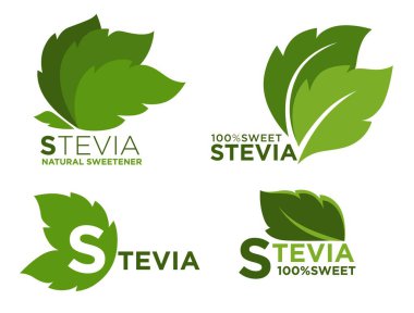Stevia yaprakları, yalıtılmış doğal tatlandırıcı, şeker ürünlerine alternatif. Lezzetli ürün ve şeker hastaları ve sağlık sorunları olanlar için malzeme. Diyet ve beslenme. Düz biçimli vektör