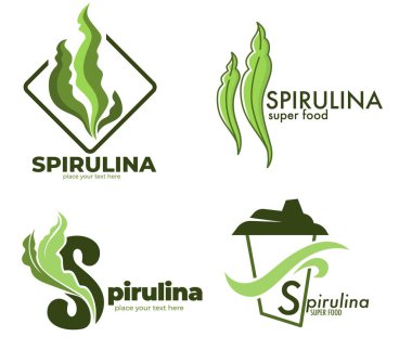 Organik yemek takviyesi, izole edilmiş spirulina ikonu. Doğal besin, beslenme, beslenme ve diyet ve detoksifikasyon için lezzetli malzemeler. Yapraklar ve uzay tasarımının kopyaları. Düz biçimli vektör