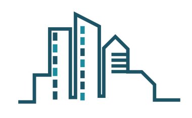 Gayrimenkul ikonu, izole edilmiş modern apartman blokları veya evler. Pencereleri ve düz kenarları olan modern şehir mimarisi, şehir manzarası. Düz biçim illüstrasyonunda vektör