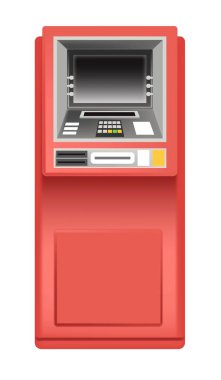 Ekran ve düğmeli ATM, kart veya hesaptan para çekmek ve çekmek için izole edilmiş otomatik veznedar makinesi. Kullanıcılar için bankacılık ve sistem, şehirde para kazanmak. Düz biçimli vektör