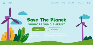 Rüzgar yenilenebilir enerjisini destekleyin, gezegeni kurtarın ve ekoloji ve çevreye dikkat edin. Türbinler elektrik, bitki ya da fabrika üretiyor. Web sitesi iniş sayfası şablonu, internet sitesi. Düz biçimli vektör