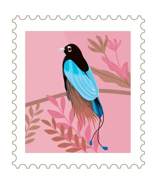 Postmark or postcard with exotic bird and colorful plumage. Isolated paper with avian animal and tropical vegetation flora. Postal card or mark with nature theme design. Vector in flat style