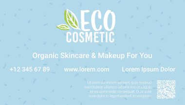 Sana organik cilt bakımı ve makyaj hizmeti veren iş ya da ziyaret kartı. Kişisel ve dükkan bilgileri, telefon numarası ve web sitesi adresi, hizmetler ve QR kodu hakkında detaylar. Düz biçimli vektör