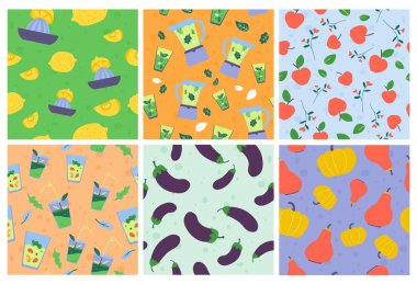 Arka plan dekorasyonu ve doğal gıda seti. Renkli dekoratif desende sağlıklı taze meyve, kokteyl ve yeşillikler, vektör çizimi. Vegan beslenme kavramına sahip kusursuz afiş koleksiyonu