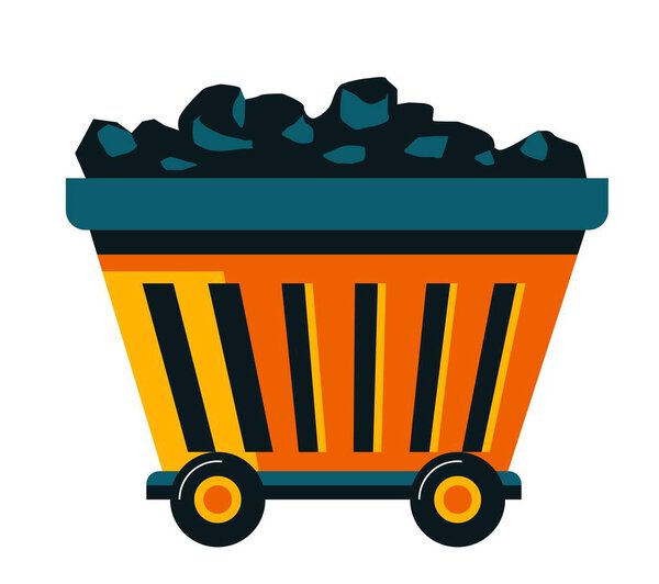 Добыча угля и добыча драгоценных материалов и руды. Изолированная тележка или тележка, загруженная сырьем. Производство металла и железа, стали для сокращений. Вектор в плоском стиле