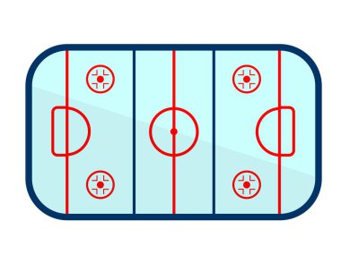 Hokey maçı için buz pisti, işaretli ve kale kapılı saha, oyuncular ve orta çember için alanlar. Kış sporları ve aktiviteleri, oyuncular ve insanlar için hobiler ve eğlence. Düz biçimli vektör