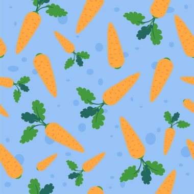 Organik sebzeler, sebzeler, yemek pişirme ve sağlıklı beslenme. Yapraklı havuç, lezzetli besleyici yemek ve atıştırmalıklar. Kusursuz desen, arka plan izi ya da duvar kağıdı. Düz biçimli vektör