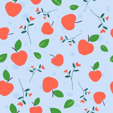 Lezzetli ve organik malzemeler, yapraklı elmalar. Yemek ve arınma için bahçe ya da çiftlik meyveleri, diyet menüsü ve atıştırmalıklar. Kusursuz desen, arka plan izi ya da duvar kağıdı. Düz biçimli vektör