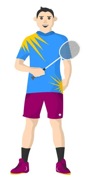 有网球拍的男性角色 打羽毛球或打网球的孤独男子 运动和积极的生活方式 运动和训练 职业或职业参与 矢量呈扁平型 — 图库矢量图片