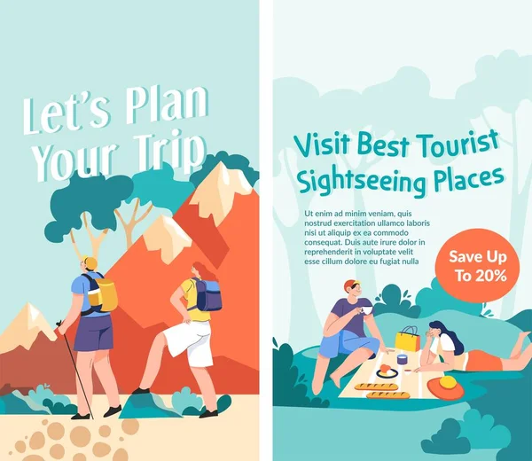 最好的观光地点 节省百分之二十的费用 让我们开始规划你的旅行 参观旅游景点和地点 代理住宿和路线方面的帮助 山区和野餐 扁平法向量 — 图库矢量图片