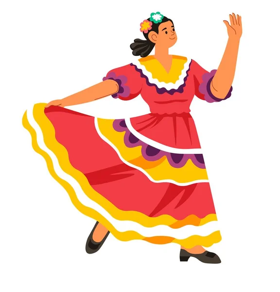 Personaje Femenino Bailando Folklórico Con Ropa Accesorios Tradicionales Mexicanos Mujer — Vector de stock