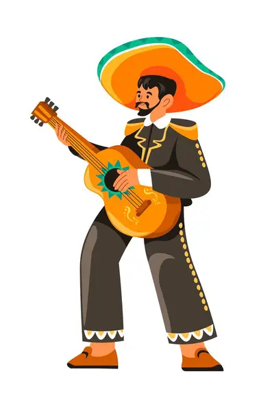 Flamenco Guitarist Acoustic Guitar Isolated Mexican Traditions Culture Male Character — Stock Vector