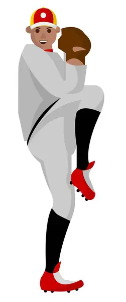 制服を着た男性キャラクターの野球選手と ボールをキャッチして投げるためのグローブ 服と帽子の分離されたプロスポーツマン フラットスタイルの裁判所ベクターの専門家 — ストックベクタ