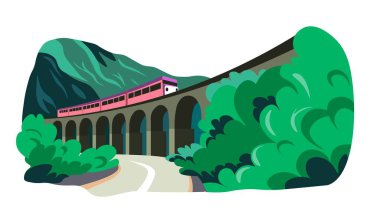 Seyahat etmek, tatile çıkmak ya da seyahate çıkmak. Köprü, doğa ve manzara çeşitliliğinde turizm ve tren taşımacılığı. Ekoloji ve açık havada dinlenme, orman ağaçlarıyla çevrili manzara. Düz biçimli vektör