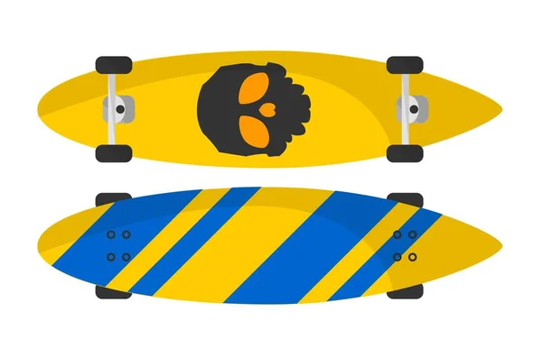 Teen sports activities and leisure time, isolated skateboard with wheels and skull print. Skateboarding hobby, long board for riding on city streets and roads. Vector in flat style illustration