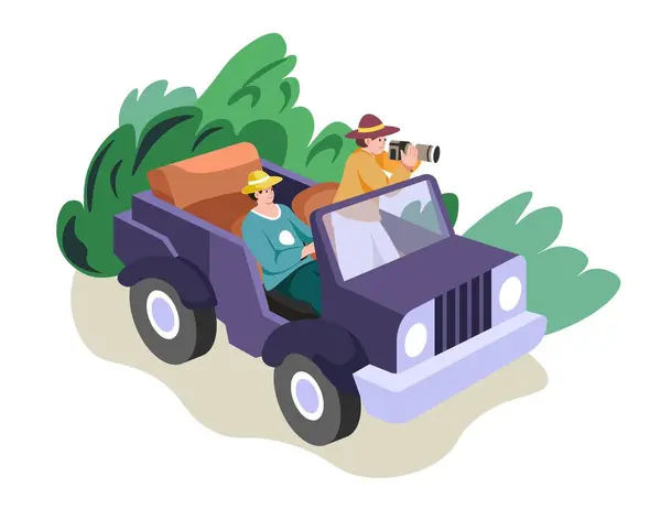 Mit Dem Jeep Unterwegs Und Die Tiere Durch Ferngläser Betrachten — Stockvektor