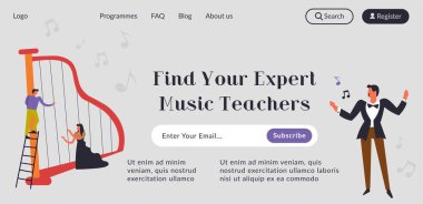 Tecrübeli müzik öğretmenleri takımı, öğrencilere bireysel yaklaşımı olan profesyoneller. Uzman öğretmen ve öğrenciler için uygun program. Web sitesi iniş sayfası şablonu, internet sitesi. Düz biçimli vektör
