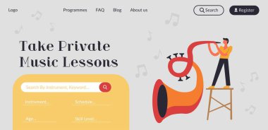 Özel müzik dersleri al. Klasik trompet, caz doğaçlaması. Müzikal enstrüman becerilerini geliştir ve müzik hedeflerine ulaş. Web sitesi iniş sayfası şablonu, internet sitesi. Düz biçimli vektör
