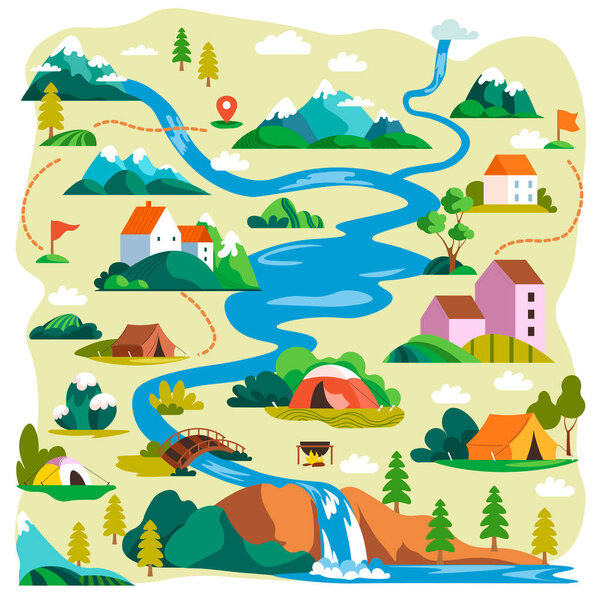 Landscape with pointers and finish flags. Hiking trail or path for hikers, trekking and walking outdoors. Villages with river and mountains, houses and fields. Vector in flat style illustration