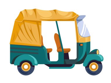 Egzotik ülkelerdeki gezginler için küçük bir turizm otobüsü. Sürücü ve yolcu için iki koltuklu izole bir araç. Tekerlekli ve yağmurdan ve güneşten korunan otomobiller. Düz biçimli vektör
