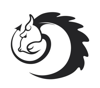 Uzun kuyruklu ve boynuzlu ejderha, Çin mitolojisinden ya da folklordan izole edilmiş yaratık ikonu. Çin kültürü, sürüngen ateşi soluyor. Tek renkli çizim taslağı. Düz biçimli vektör