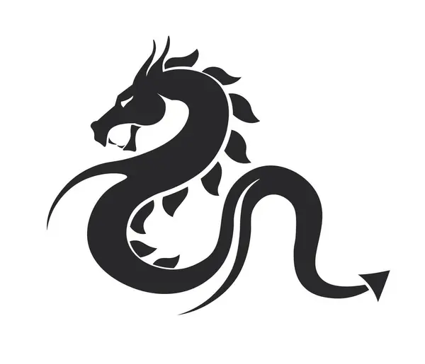 Dragon silhouette, isolated reptile or folklore animal with tail and horn on body. Chinese mythology character or symbol of power and luck. Monochrome sketch outline. Vector in flat style illustration