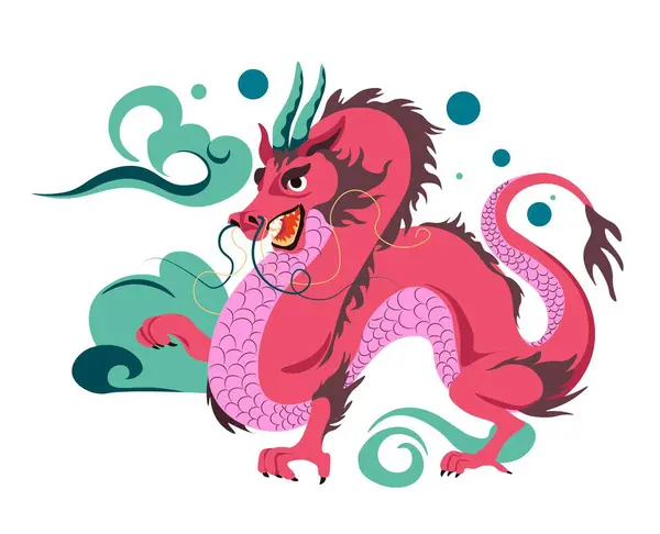 stock vector Dragon personage with horns and claws, isolated reptile character with fearsome muzzle expression. Chinese mythology and folklore traditions. Clouds and monster or beast. Vector in flat style