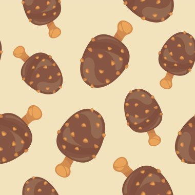 Yaz için dondurulmuş tatlı, çubukta lezzetli dondurma. Çikolata kaplı ve fındık parçaları ya da kesiklerle serpiştirilmiş dondurma. Kusursuz desen, duvar kağıdı ya da arka plan izi. Düz biçimli vektör