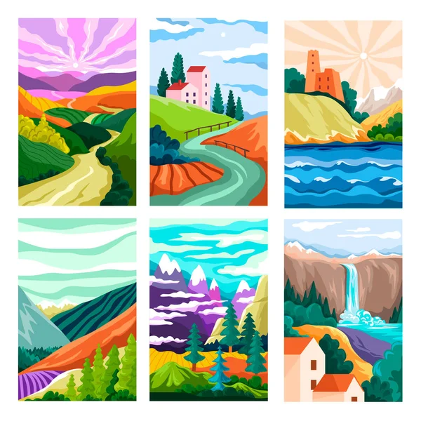 Nature landscape or scenery with waterfall, mountains and forest, lake and river. Town fields and houses landmarks. View with trees and grass. Natural scene for resting. Vector in flat style