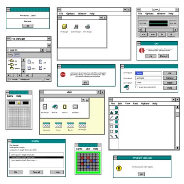 Eski moda uygulamalar ve kişisel bilgisayardaki programlar. Dosya ve belgelerle izole edilmiş pencereler. Oyunlar ve boya aletleri, dizüstü bilgisayarlar ve bilgisayarlar için işletim sistemi. Düz biçimli vektör