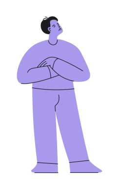 Erkek kişiliği küçümseme ya da iğrenme gösteriyor. Göğüs hizasında el ele tutuşan yalıtılmış bir adam. Sözsüz iletişim ve saygısızlık ve kırgınlık pozu. Çizgi film karakteri, düz biçimli vektör