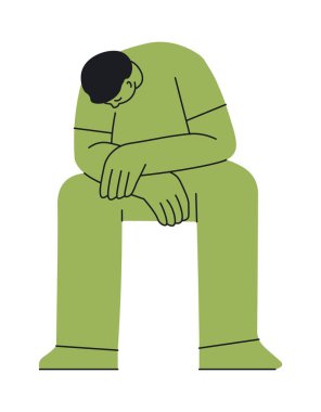 Üzgün bir adam, yalnız başına oturuyor, üzgün, duygularını ve duygularını ifade eden yalnız bir erkek. Depresyon ve üzüntü, insanın kederi ve kederi. Çizgi karakter vektörü düz biçimli