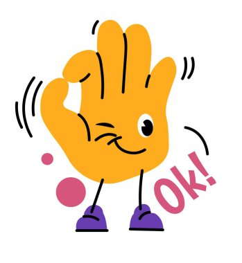 Anlaşmanın ifadesi, onay ve işaret parmağı bağlantısında pozitif tavır. El hareketleriyle göz kırpan bir karakter. Emoji ya da simge, çıkartma ya da kişilik. Düz biçimli vektör