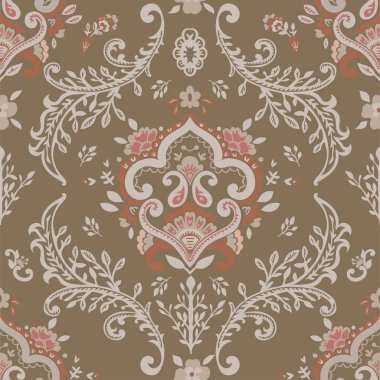 Paisley doğal motifi ya da dekorasyon, yapraklı ve çiçekli çiçek süsü. Saplı ve gelişmekte olan botanik süsleri. Kusursuz desen, duvar kağıdı ya da arka plan izi. Düz biçimli vektör