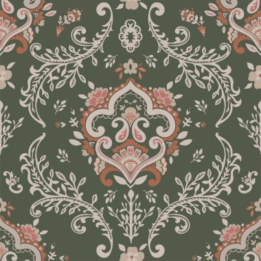 Yapraklar ve yapraklarla süslenmiş paisley süsleme motifi, çiçek açan flora süslemesi veya süslemesi. Doğal dallar ve kıvrımlı dallar. Kusursuz desen, duvar kağıdı ya da arka plan izi. Düz biçimli vektör