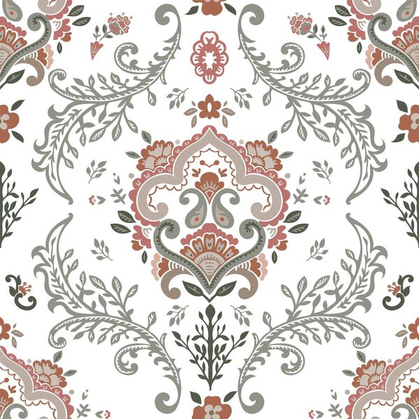 Цветочный дизайн для моды и украшения дома. Абстрактная дамасская винтажная посуда, используемая для изготовления карпов и плитки, и т.д. Бесшовный узор, обои или фоновый принт. Вектор в плоском стиле