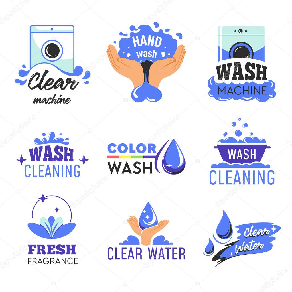 Laundry and washing machine regimes set of isolated icons. Home and hygiene. Color and hand wash, fresh fragrance. Promotional banner, promo sticker, emblem or sign for package. Vector in flat style