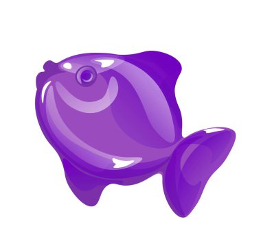 Çocuklar için abur cubur şeklinde komik balık şeklinde jelatin ya da pektin lezzetli ürünler. Deniz yaratığı şeklinde izole edilmiş tatlı bir karakter. Çocuklar için vitaminli tatlı çiğneme lokmaları. Düz biçimli vektör